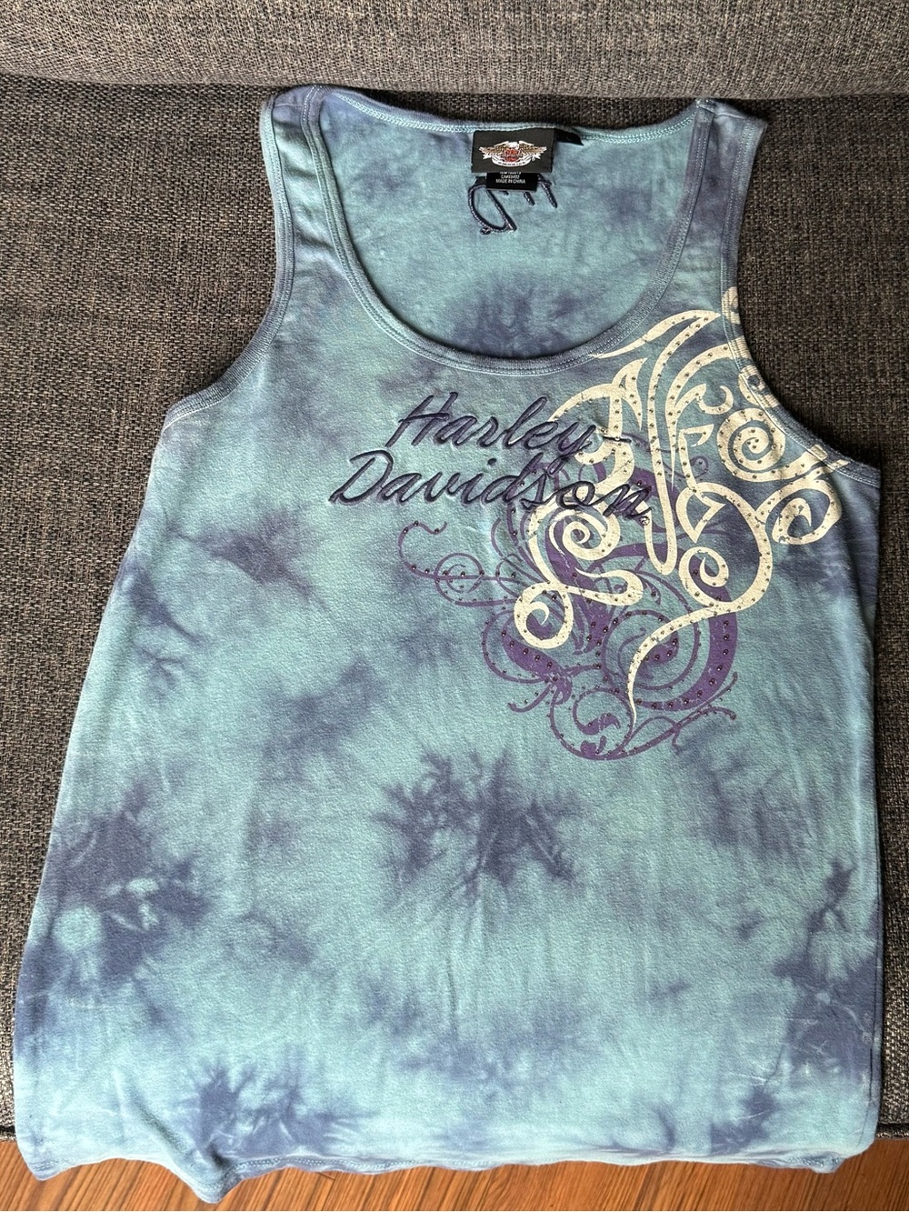 Harley-Davidson Teal and Purple Tie-Dye Tank with Cream Swirl Graphic